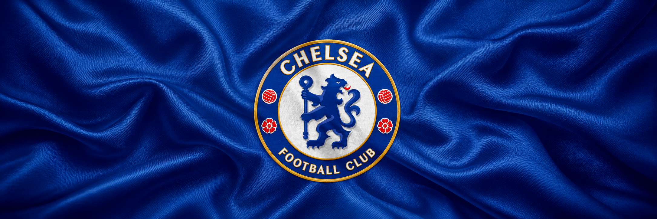 Chelsea FC crest on club-colour fabric panoramic banner