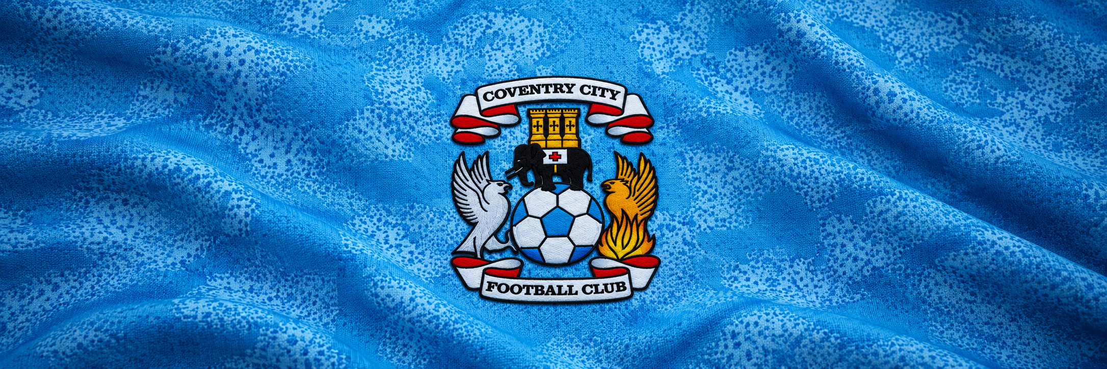Coventry crest on club-colour fabric panoramic banner