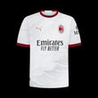 Kitted Up AC Milan 2026/2027 away jersey in white with subtle feather pattern, red and black trim, and gold logo.
