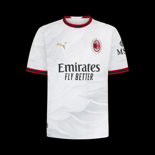 Kitted Up AC Milan 2026/2027 kids away jersey in white with red and black trim and gold logo accents.