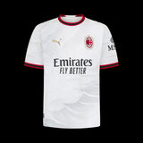 Kitted Up AC Milan 2026/2027 kids away jersey in white with red and black trim and gold logo accents.