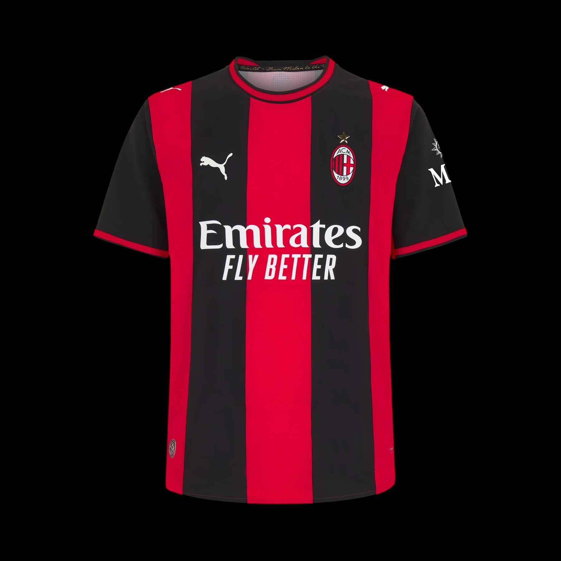 Kitted Up AC Milan 2026/2027 kids home jersey featuring iconic red and black vertical stripes and team crest