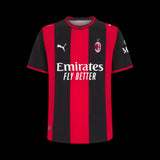 Kitted Up AC Milan 2026/2027 kids home jersey featuring iconic red and black vertical stripes and team crest