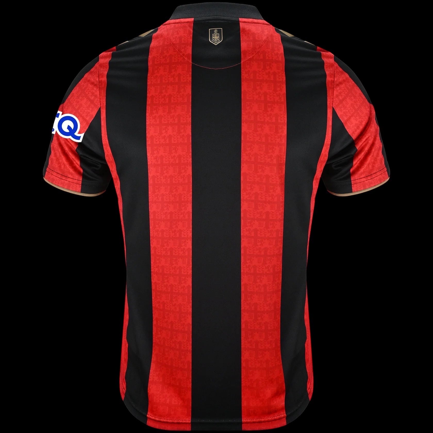 Back view of Kitted Up AFC Bournemouth 2026/2027 home jersey with red and black vertical stripes and gold trim.