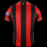 Back view of Kitted Up AFC Bournemouth 2026/2027 home jersey with red and black vertical stripes and gold trim.