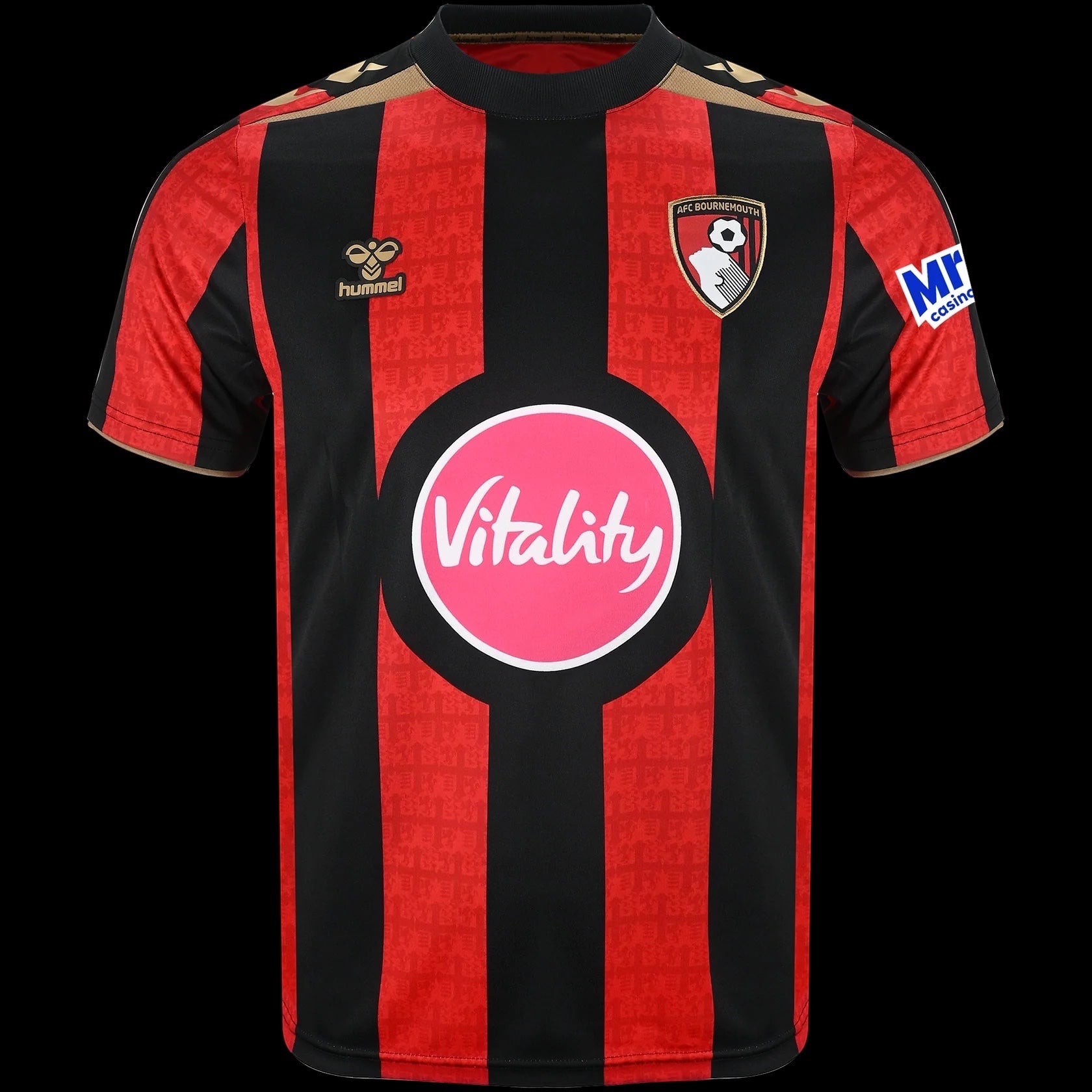 Kitted Up AFC Bournemouth 2026/2027 kids home football shirt in iconic red and black stripes with sponsor logos.