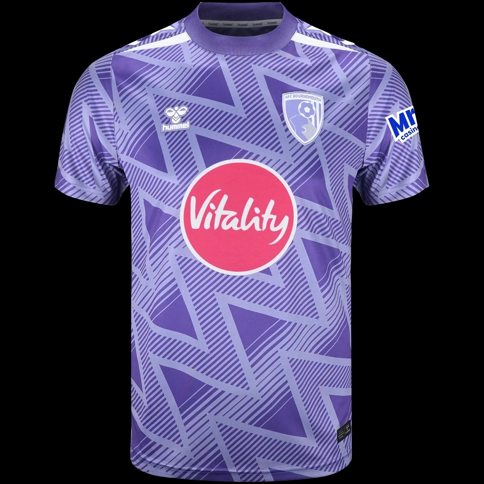 Kitted Up AFC Bournemouth 2026/2027 away football shirt in purple with a geometric pattern and pink sponsor logo.