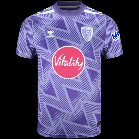 Kitted Up AFC Bournemouth 2026/2027 away football shirt in purple with a geometric pattern and pink sponsor logo.