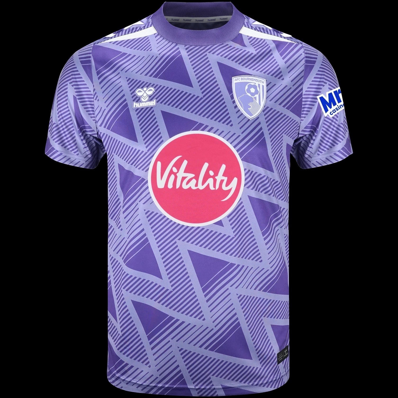 Kitted Up AFC Bournemouth 2026/2027 kids away football jersey in purple with a geometric pattern and sponsor logos