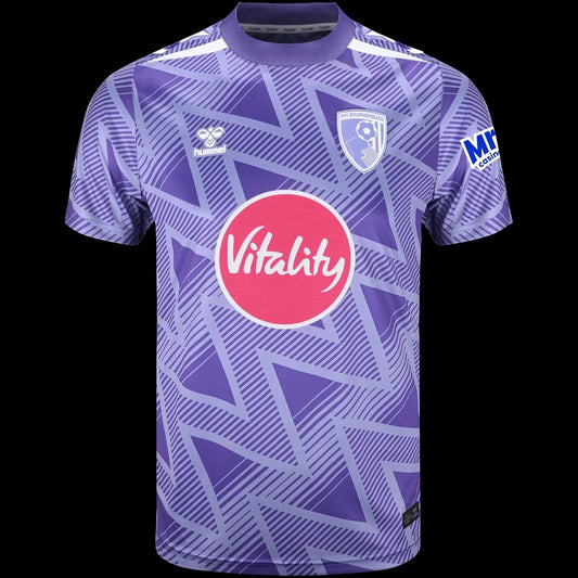 Kitted Up AFC Bournemouth 2026/2027 kids away football jersey in purple with a geometric pattern and sponsor logos