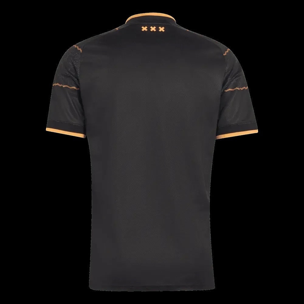 Back view of Kitted Up Ajax 2026/2027 away football jersey in black with gold trim and Amsterdam cross detailing.