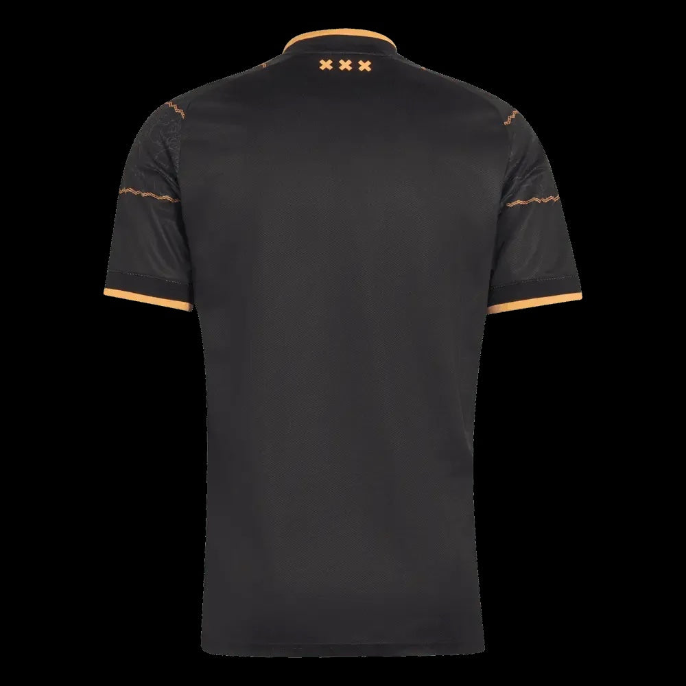 Kitted Up Ajax 2026/2027 kids away jersey in black with gold trim and triple cross detail on the back neckline
