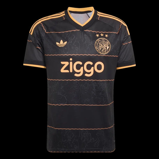 Kitted Up Ajax 2026/2027 kids away football jersey in black with gold accents and subtle graphic pattern