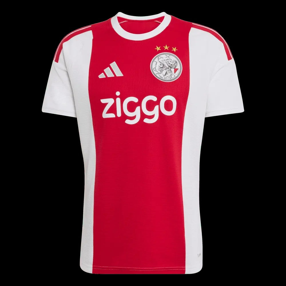 Kitted Up Ajax 2026/2027 kids home football jersey in iconic red and white with team crest and sponsor logo.