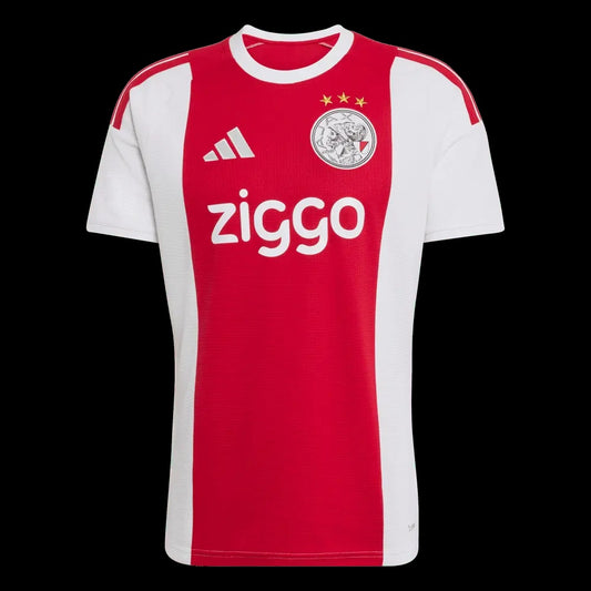 Kitted Up Ajax 2026/2027 kids home football jersey in iconic red and white with team crest and sponsor logo.