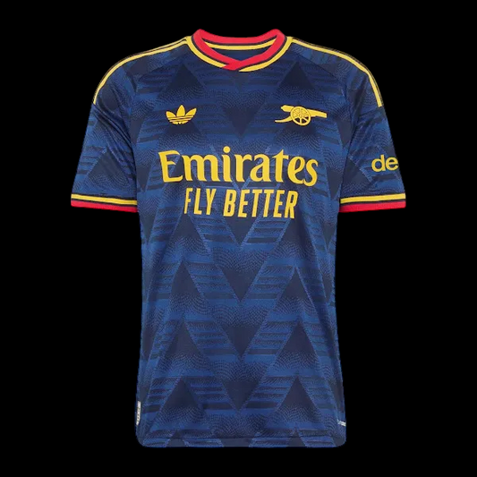 Kitted Up Arsenal 2026/2027 kids away football jersey in navy blue with yellow accents and red collar trim.