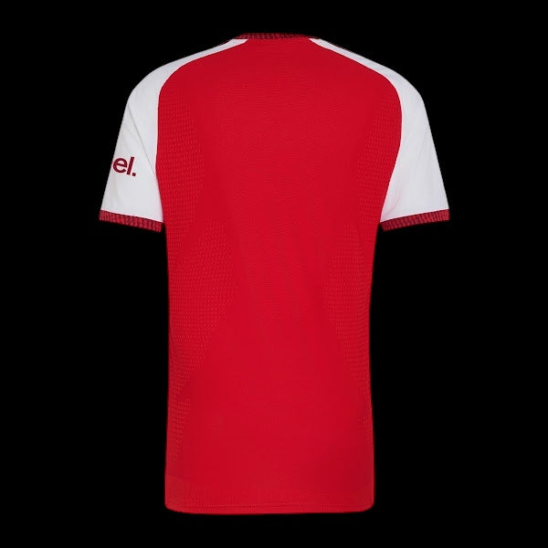 Back view of Kitted Up Arsenal F.C. 2026/2027 kids home soccer jersey in red and white with breathable mesh panels.
