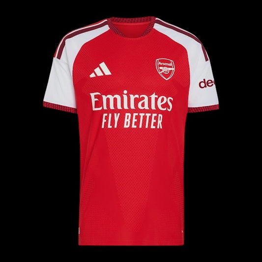 Kitted Up Arsenal F.C. 2026/2027 kids home soccer jersey in red and white with club crest and sponsor logos.