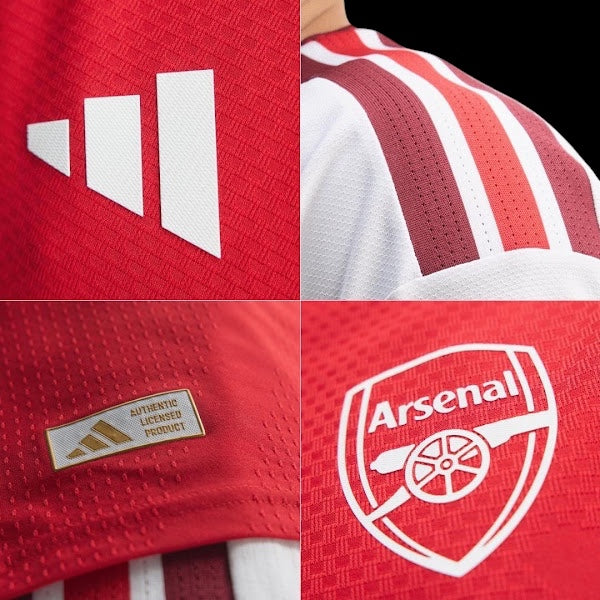 Kitted Up Arsenal F.C. 2026/2027 kids home kit jersey details showing club crest, branding, and fabric texture.
