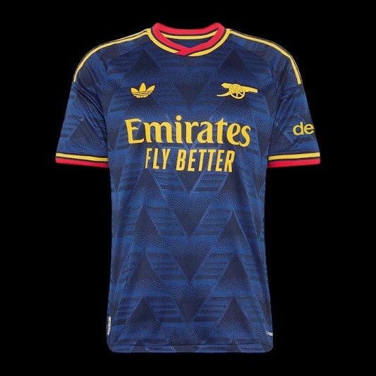 Kitted Up Arsenal FC navy blue football jersey with gold accents and red trim on a black background