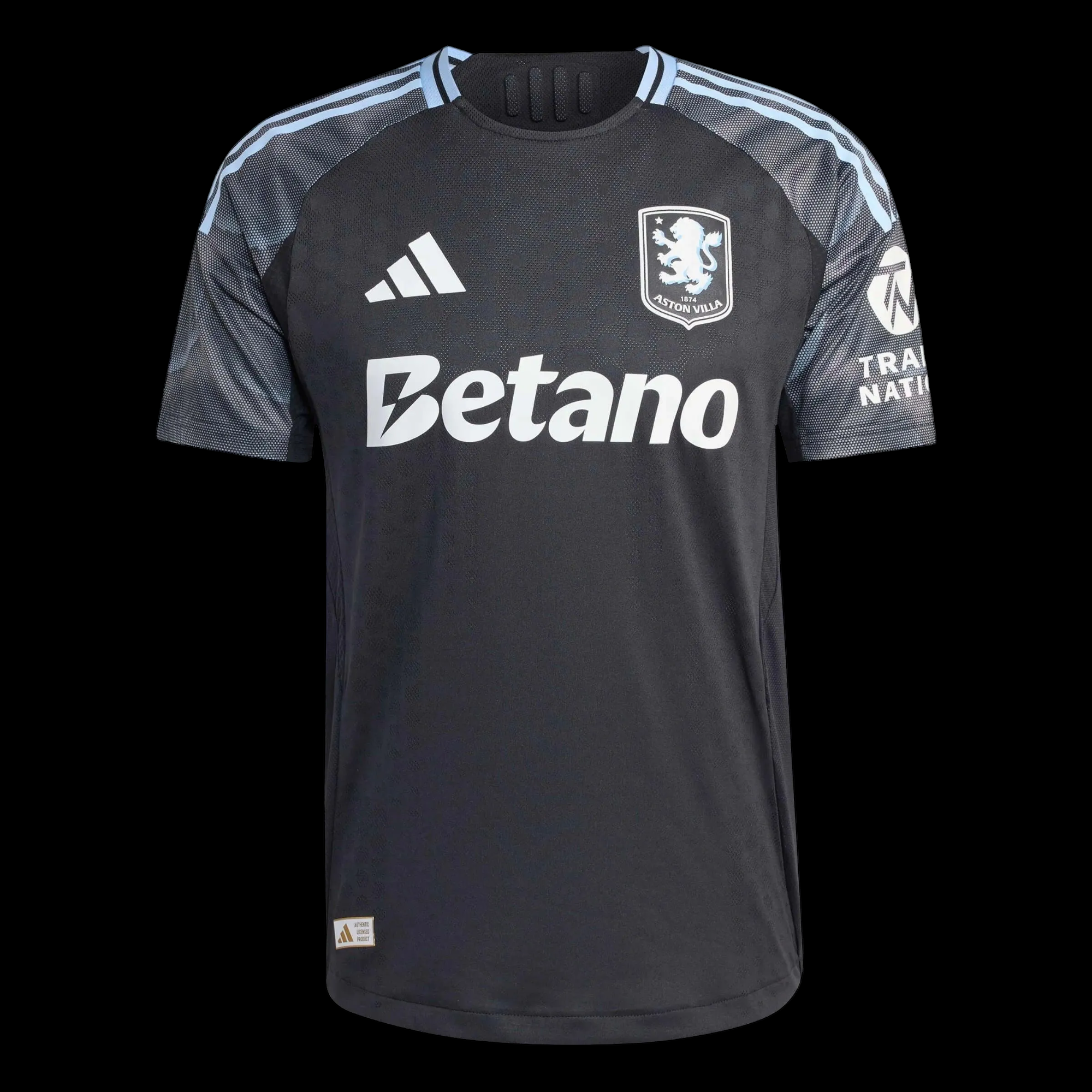 Kitted Up Aston Villa 2026/2027 away football jersey in black with light blue shoulder stripes and sponsor logos.