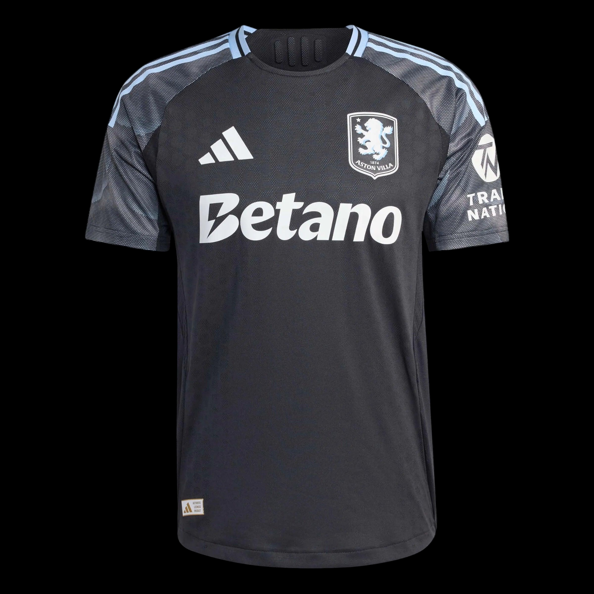 Kitted Up Aston Villa 2026/2027 kids away football jersey in black with light blue shoulder stripes and sponsor logo