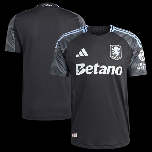Kitted Up Aston Villa 2026/2027 kids away football jersey in black with light blue shoulder stripes and team crest.