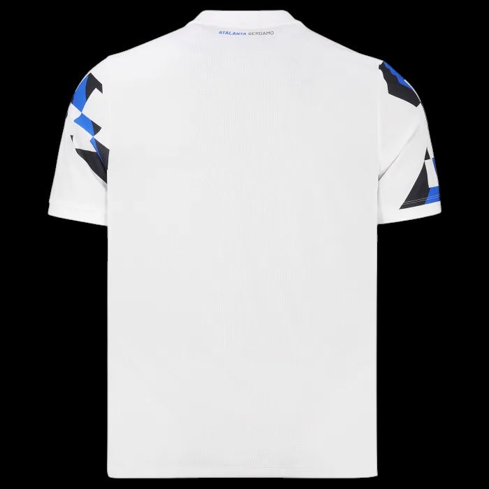 Back view of Kitted Up Atalanta 2026/2027 kids away football jersey in white with blue and black sleeve patterns.
