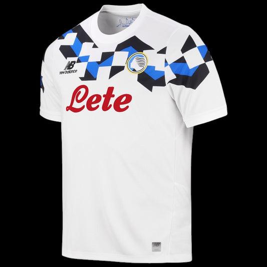 Kitted Up Atalanta 2026/2027 kids away jersey in white with blue and black geometric shoulder pattern and red logo.