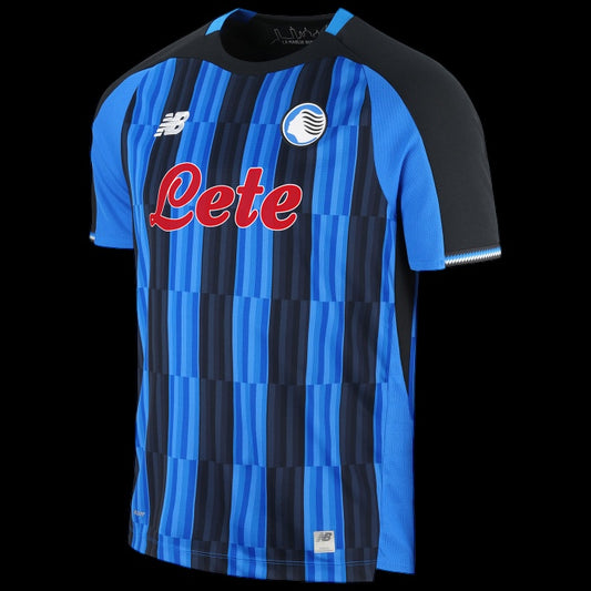 Kitted Up Atalanta 2026/2027 kids home jersey featuring blue and black vertical stripes and red sponsor logo