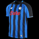 Kitted Up Atalanta 2026/2027 kids home jersey featuring blue and black vertical stripes and red sponsor logo