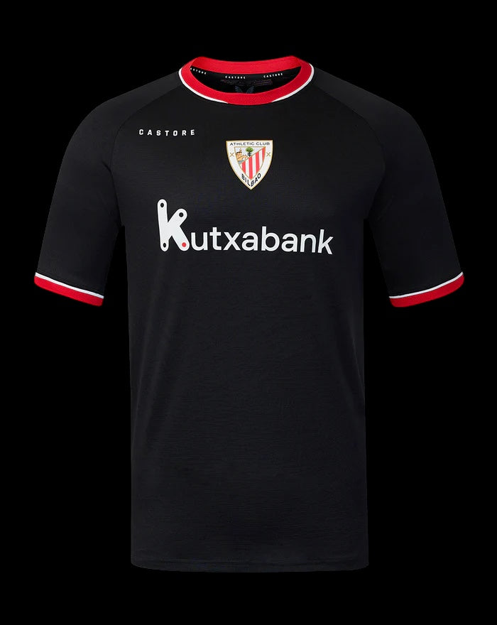 Kitted Up Athletic Club 2026/2027 kids away jersey in black with red and white trim and team crest.