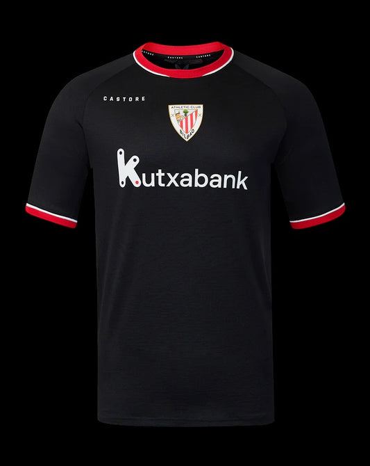 Kitted Up Athletic Club 2026/2027 kids away jersey in black with red and white trim and team crest.