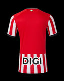 Back view of Kitted Up Athletic Club 2026/2027 kids home kit jersey in red and white stripes with DIGI sponsor logo