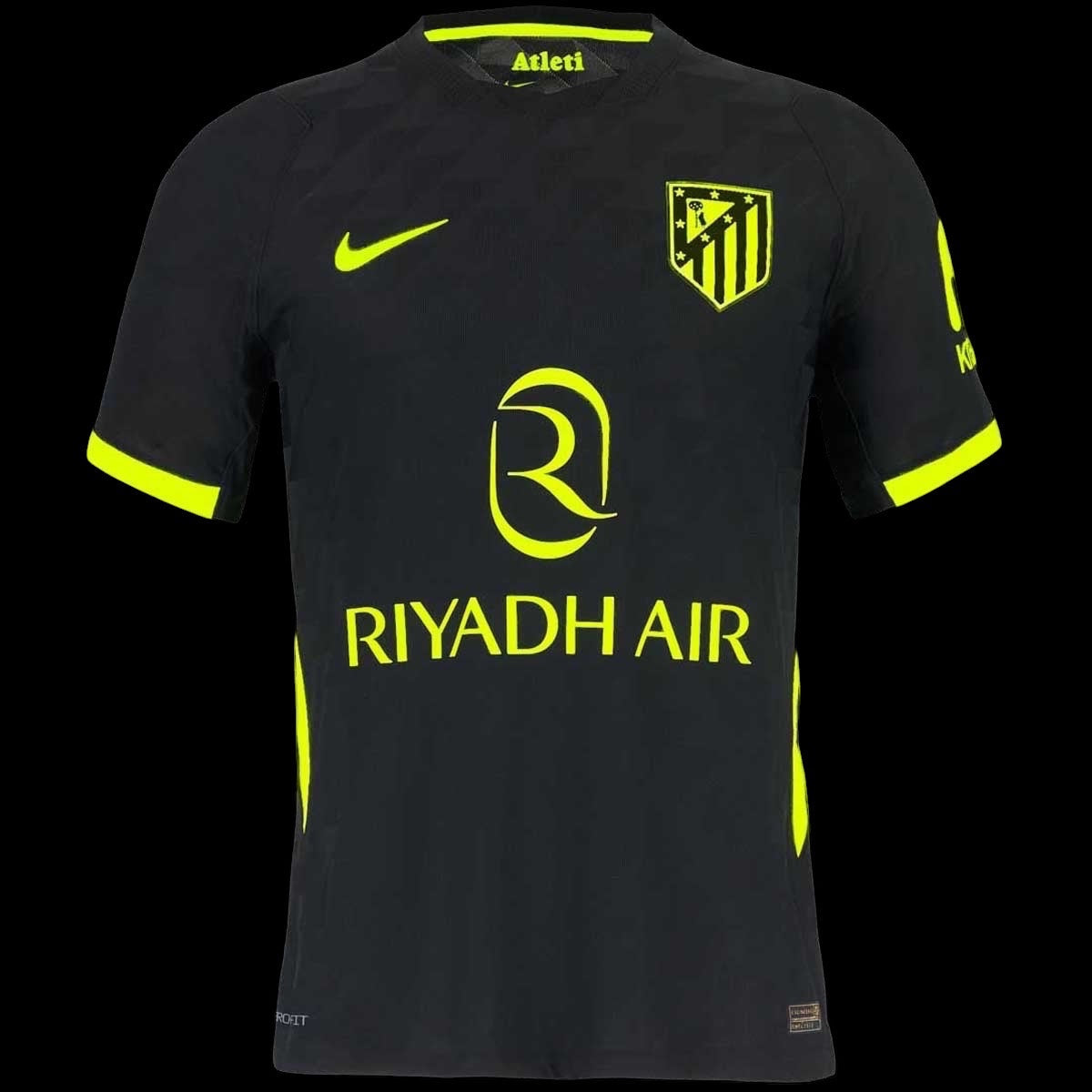 Kitted Up Atletico Madrid 2026/2027 away jersey in black with vibrant neon yellow accents and sponsor logos