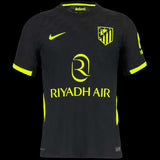 Kitted Up Atletico Madrid 2026/2027 away jersey in black with vibrant neon yellow accents and sponsor logos