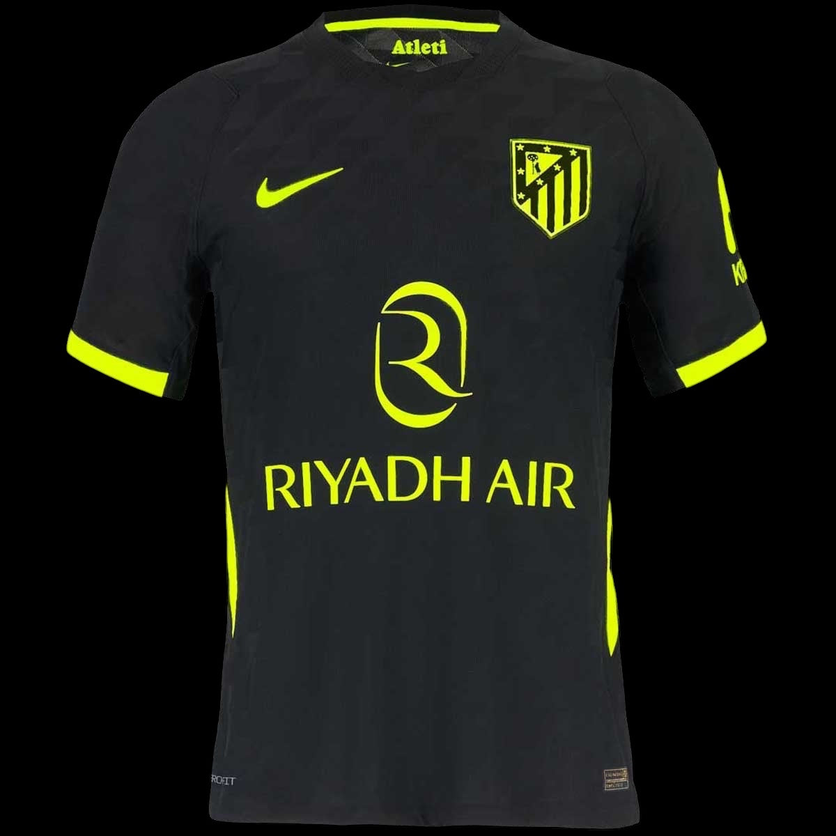 Kitted Up Atletico Madrid 2026/2027 kids away jersey in black with vibrant neon yellow accents and sponsor logos.
