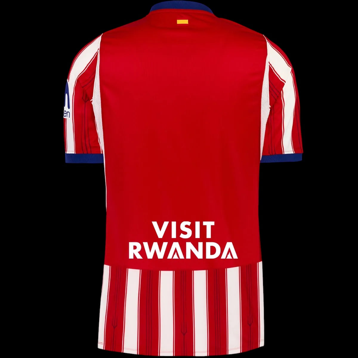Back view of Kitted Up Atletico Madrid 2026/2027 kids home jersey featuring red and white stripes and Visit Rwanda logo
