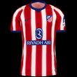 Kitted Up Atletico Madrid 2026/2027 kids home jersey featuring red and white vertical stripes and blue accents.