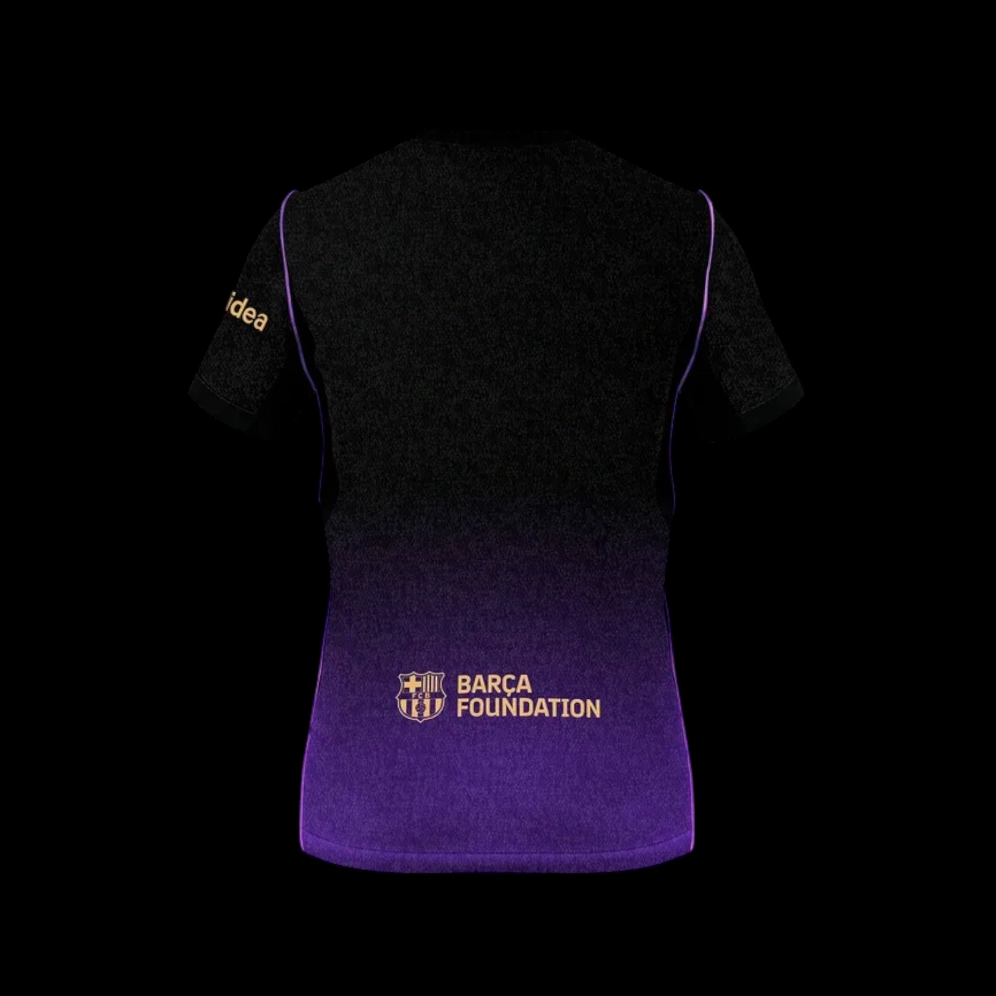 Back view of Kitted Up Barcelona 2026/2027 away jersey featuring a black to purple gradient and gold logo details.