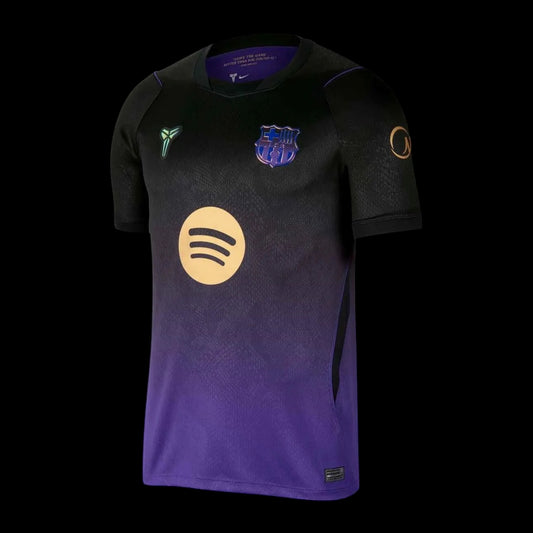 Kitted Up Barcelona 2026/2027 away football jersey featuring a black to purple gradient design and gold sponsor logo.