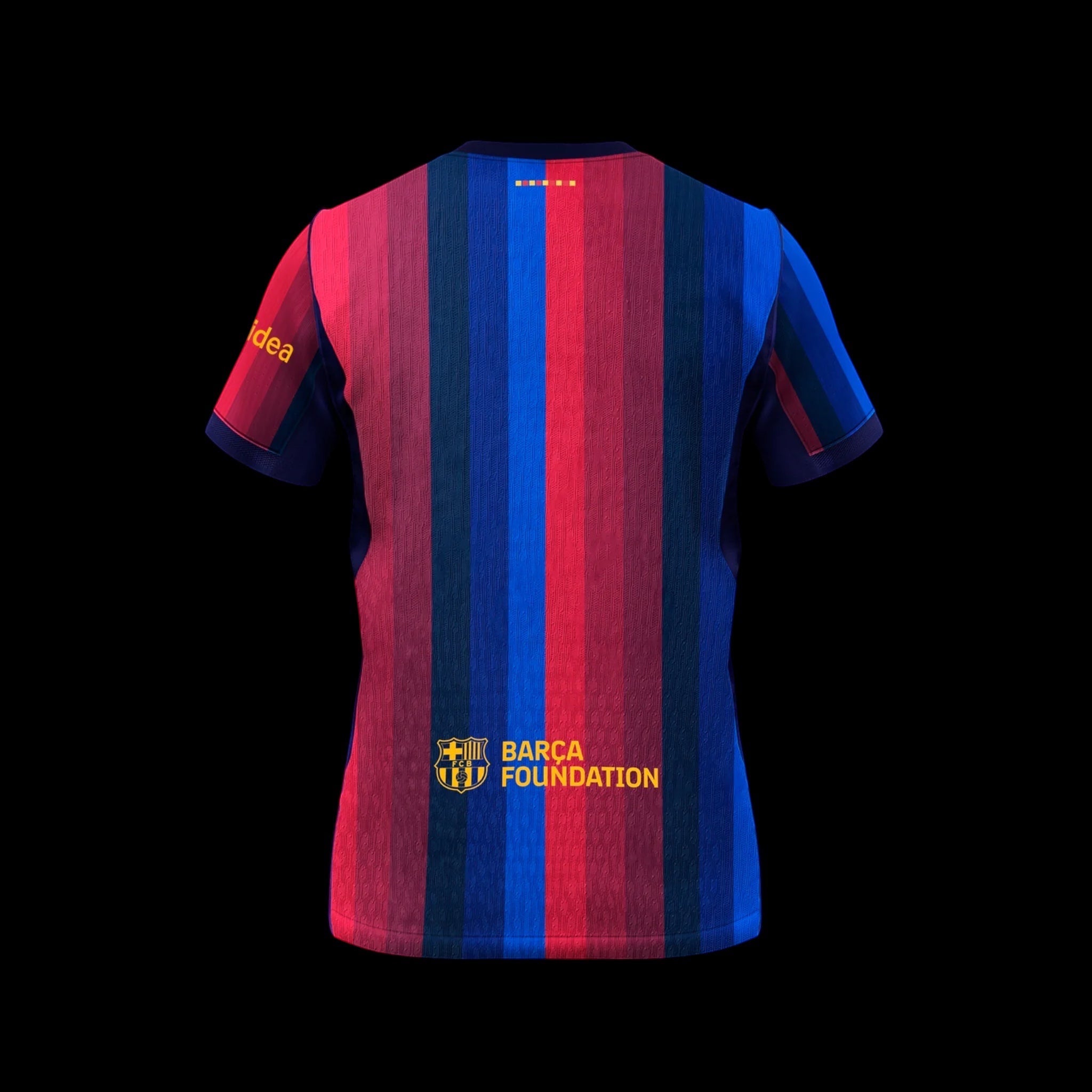 Back view of Kitted Up Barcelona 2026/2027 home jersey featuring blue and red vertical stripes and yellow logos.