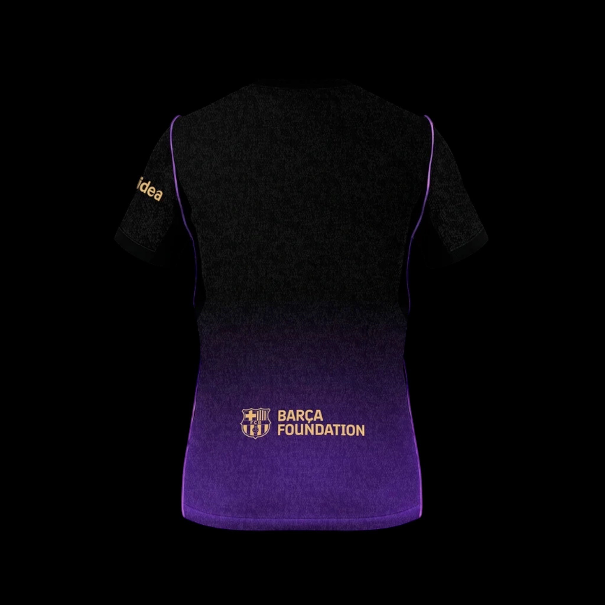 Back view of Kitted Up Barcelona 2026/2027 kids away jersey featuring a black to purple gradient and gold logos.