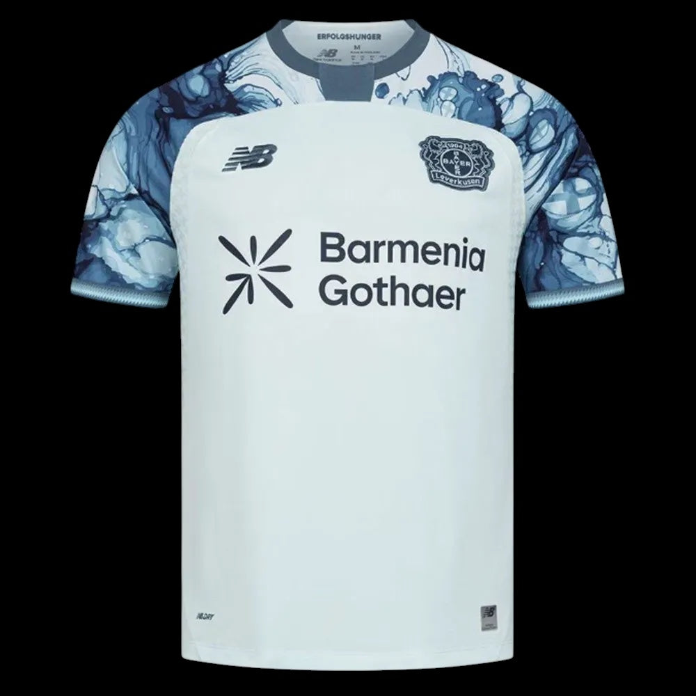 Kitted Up Bayer Leverkusen 2026/2027 away jersey in white with blue marble-patterned sleeves and team crest.