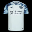 Kitted Up Bayer Leverkusen 2026/2027 away jersey in white with blue marble-patterned sleeves and team crest.