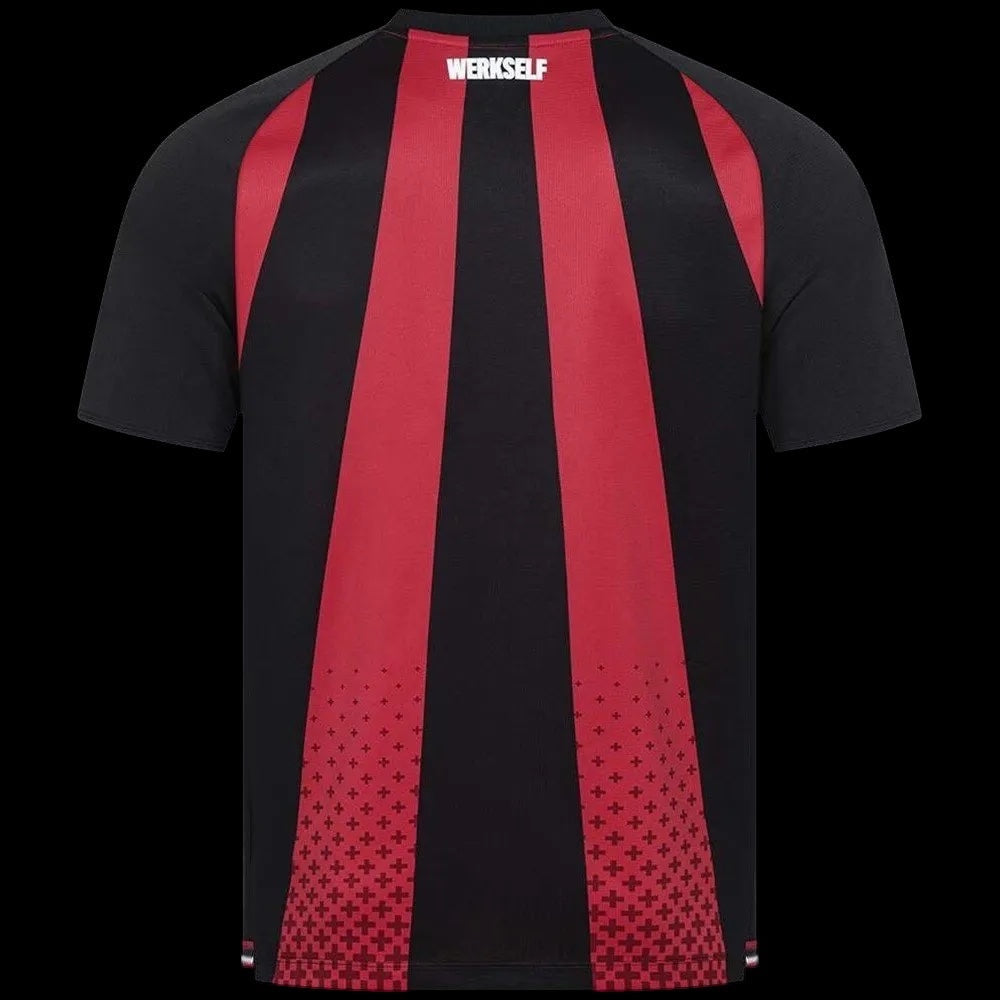 Kitted Up Bayer Leverkusen 2026/2027 home jersey in black and red with vertical stripes and WERKSELF back neck detail