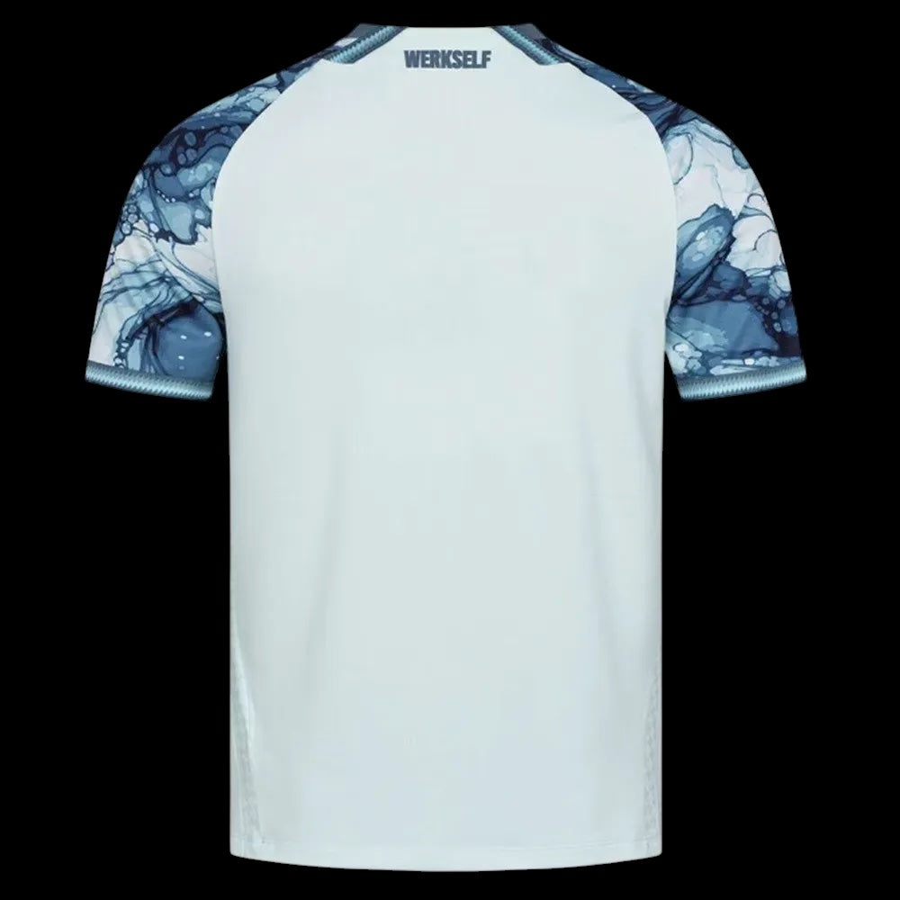 Kitted Up Bayer Leverkusen 2026/2027 kids away jersey back view featuring a light blue body and marble print sleeves.
