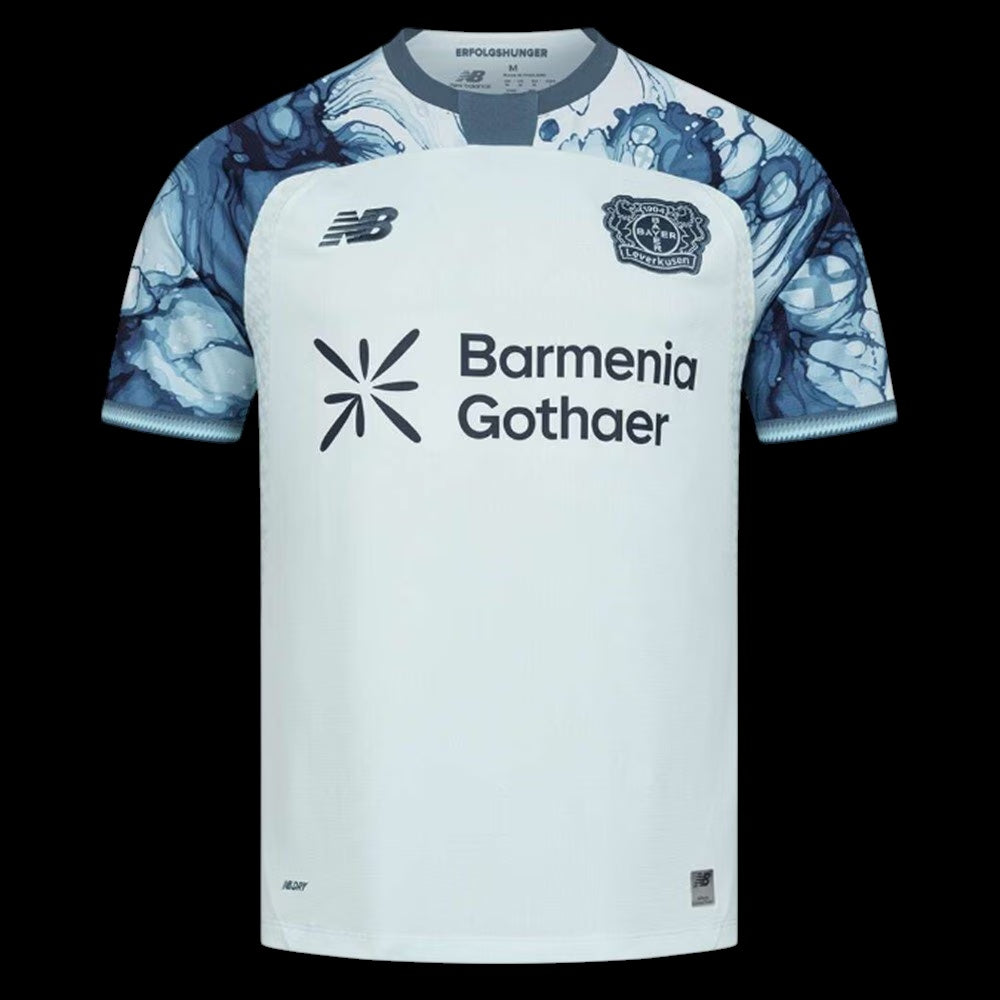 Kitted Up Bayer Leverkusen 2026/2027 kids away jersey in white with blue marble-patterned sleeves and team crest.