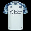 Kitted Up Bayer Leverkusen 2026/2027 kids away jersey in white with blue marble-patterned sleeves and team crest.