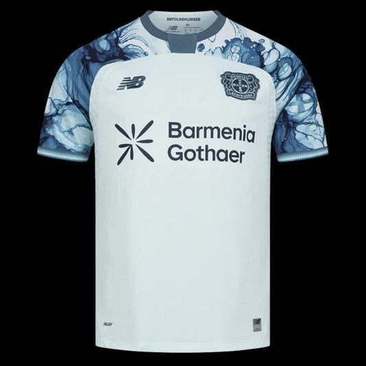 Kitted Up Bayer Leverkusen 2026/2027 kids away jersey in white with blue marble-patterned sleeves and team crest.